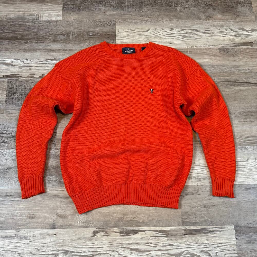 Vintage Regatta Sport Orange Cotton Knit Crewneck Sweater Preppy 90s Large